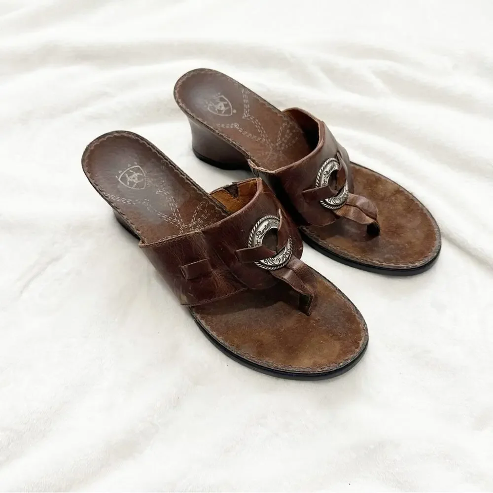 Ariat Brown Leather Sandals t strap with Silver Accent size 9 wedge cowgirl